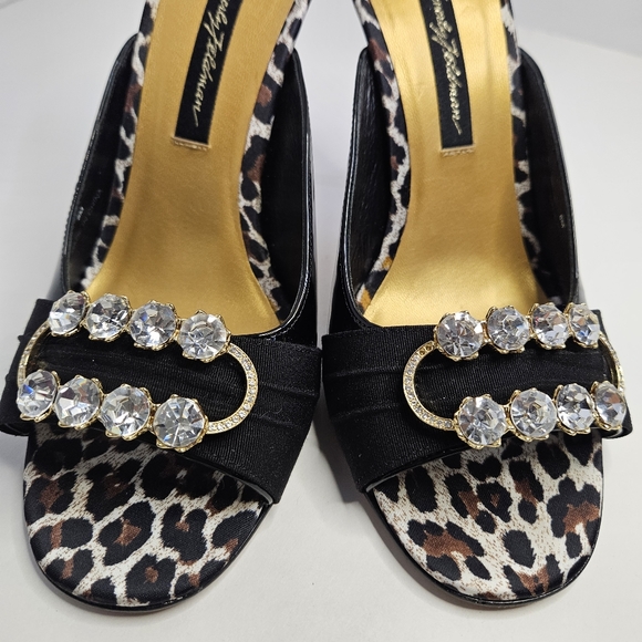 Beverly Feldman Black Peep Toe Heels Open Back 8M Rhinestones Kitten Heel - Picture 5 of 17